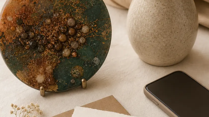 Handmade art, a vase, a phone, and note paper on a warm artisan tabletop