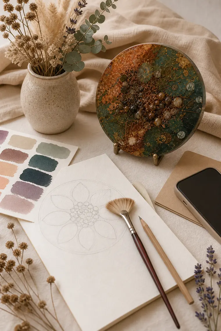 Paint swatches, sketch paper, brush, and handmade art arranged for a custom order