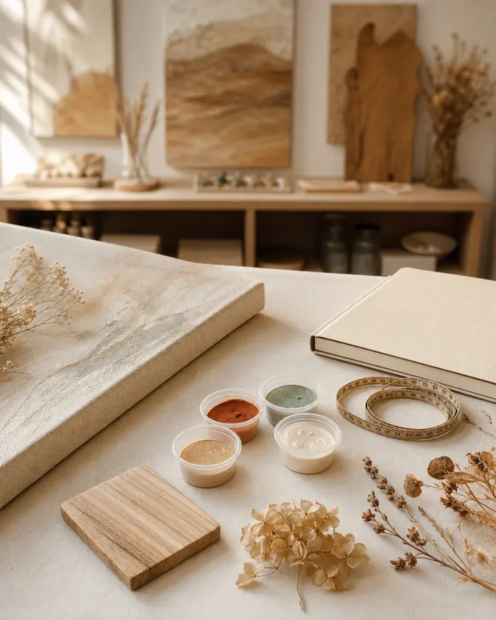 Canvas, wood sample, pigments, botanicals, and measuring tape for a custom handmade piece