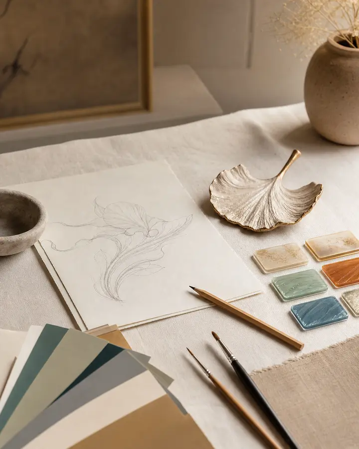 Sketch paper, color samples, brushes, and handmade custom order materials
