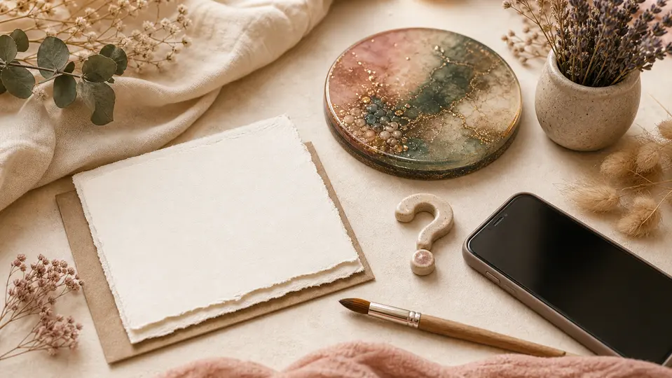Blank note card, phone, paintbrush, handmade resin coaster, dried flowers, and question mark charm