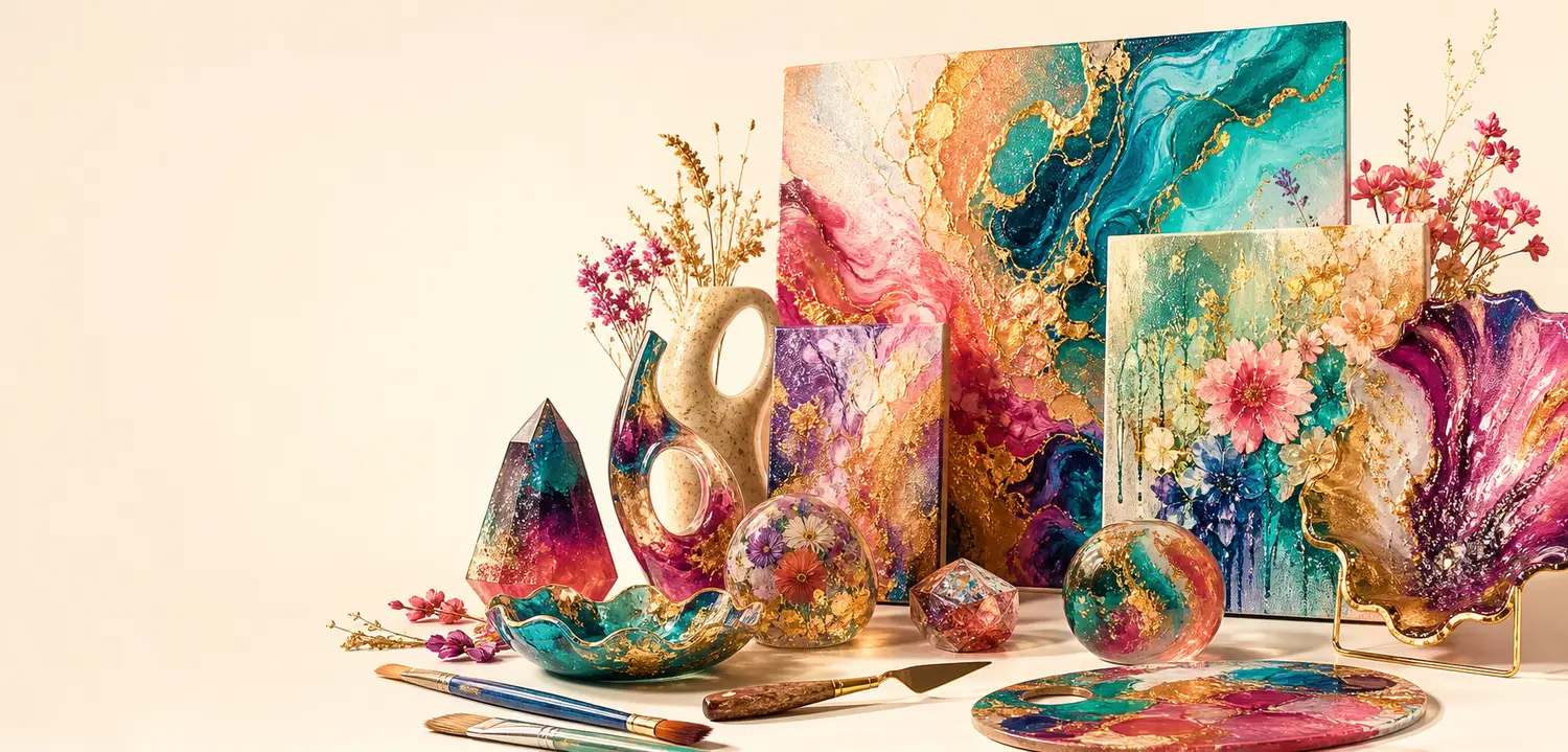 Colorful handmade paintings, resin pieces, brushes, and sculptural decor