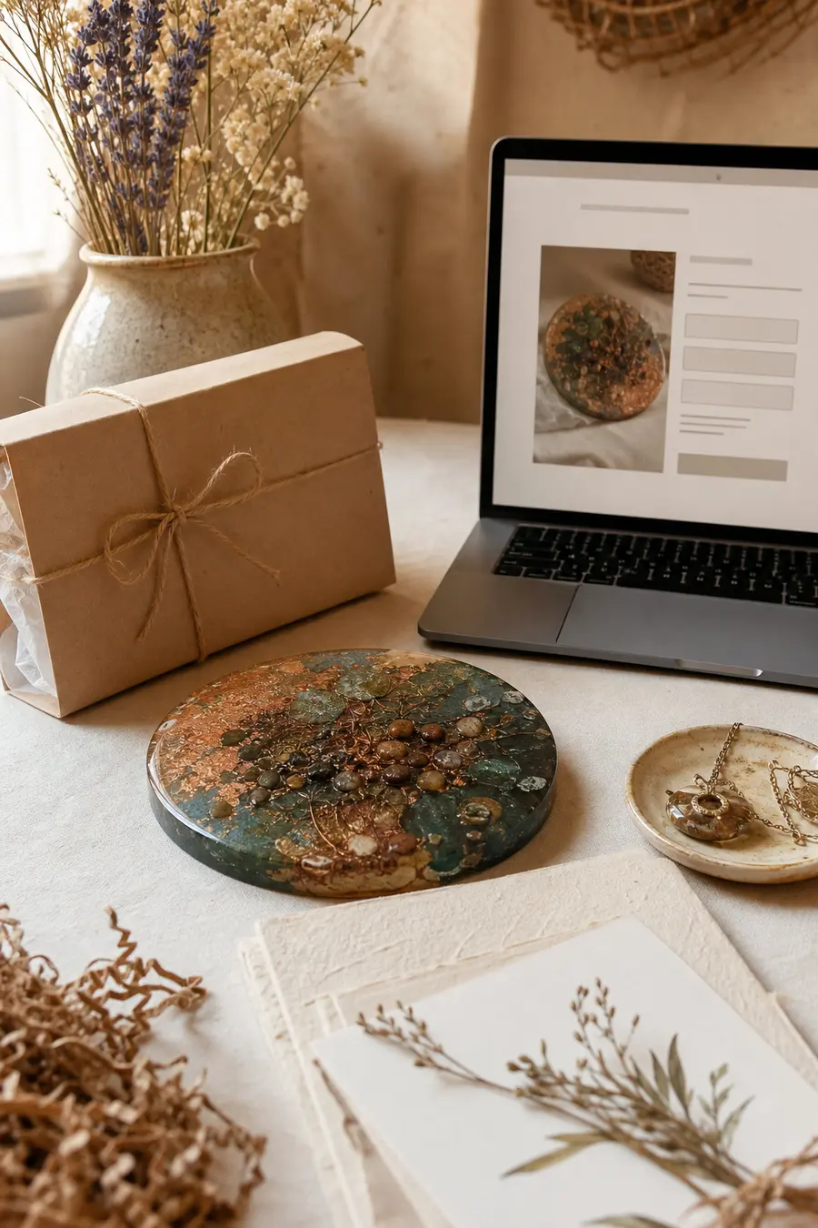 Wrapped handmade art beside a quiet online purchase request page