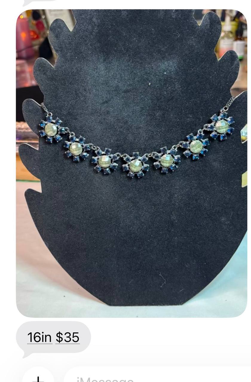 Blue and green floral 16 inch statement necklace on a silver-tone chain