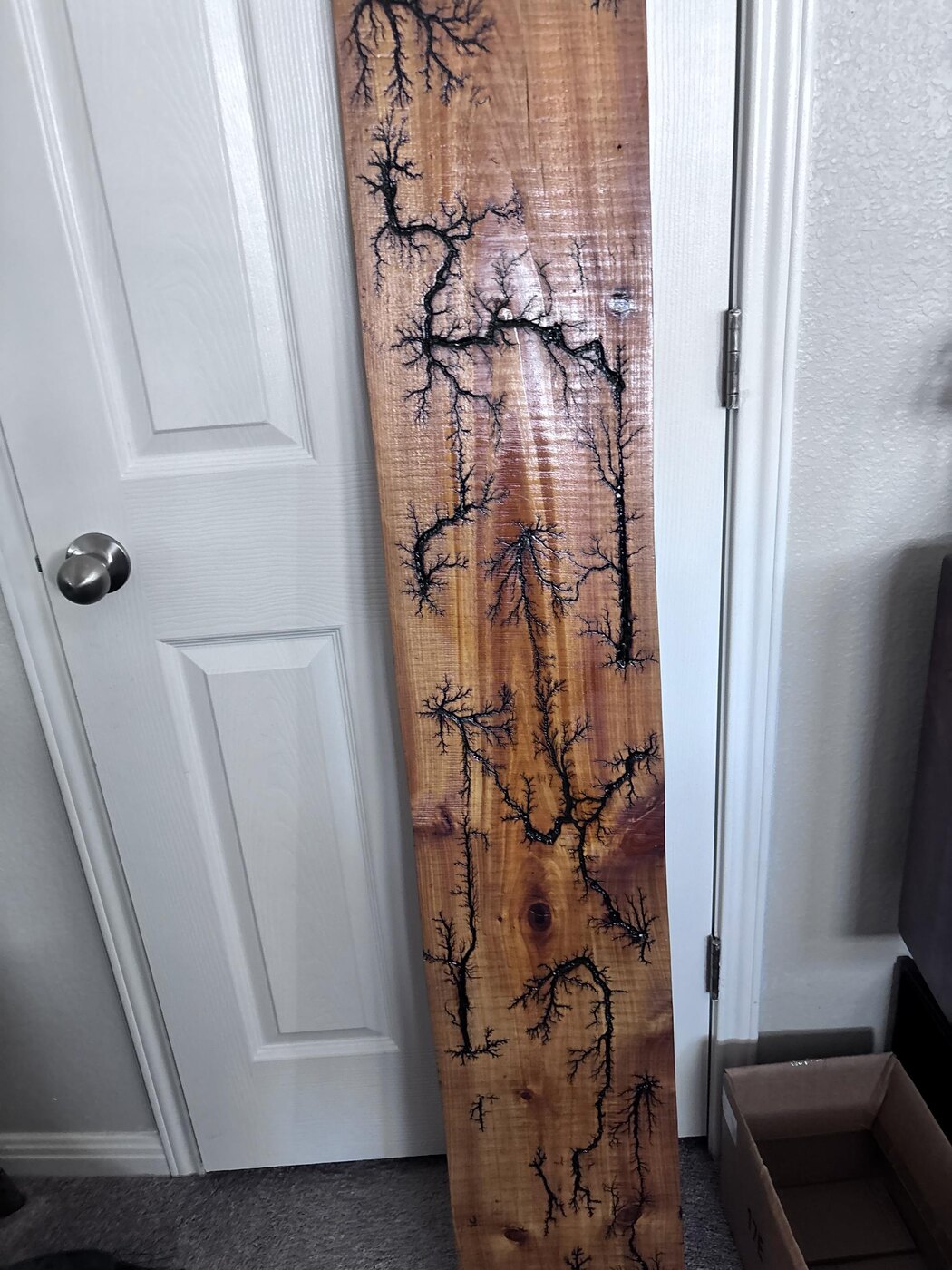 Tall wood board with fractal wood burning patterns