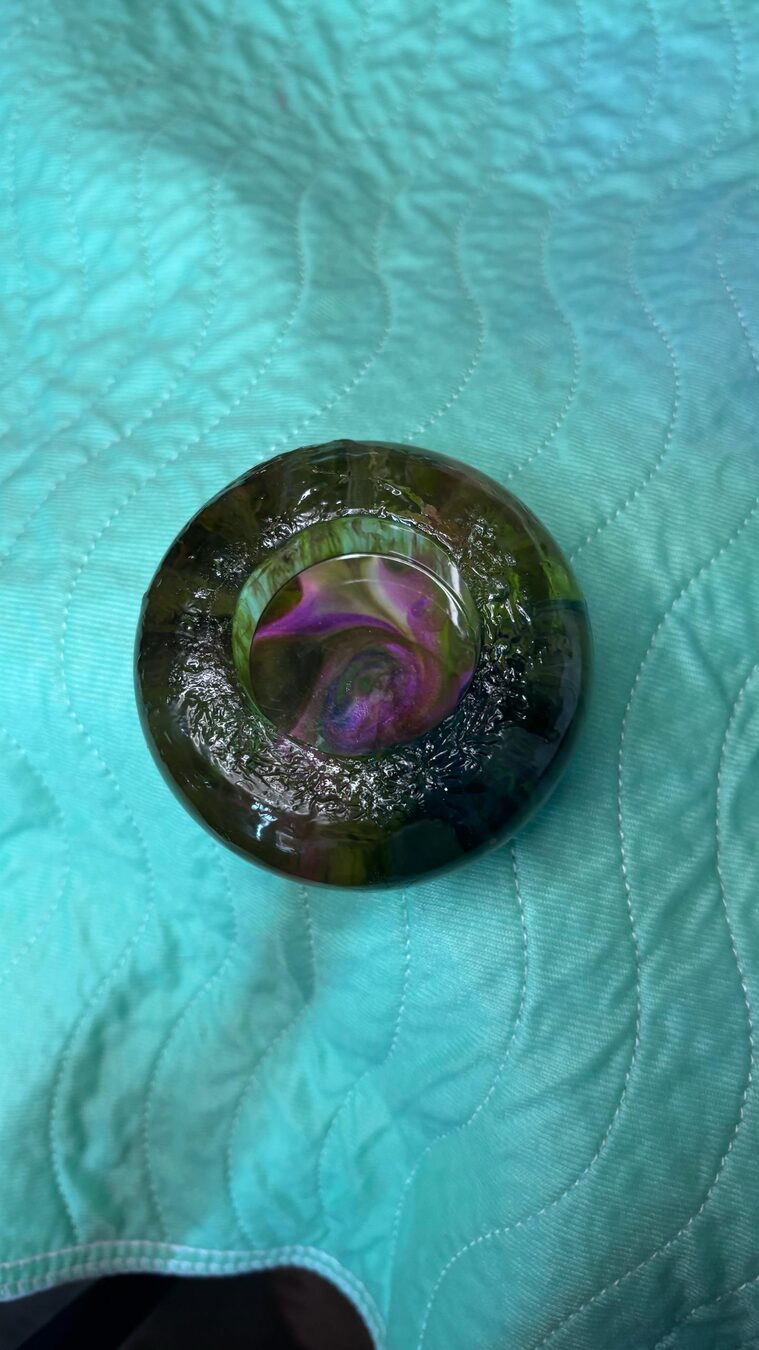 Green and purple round handmade candle holder