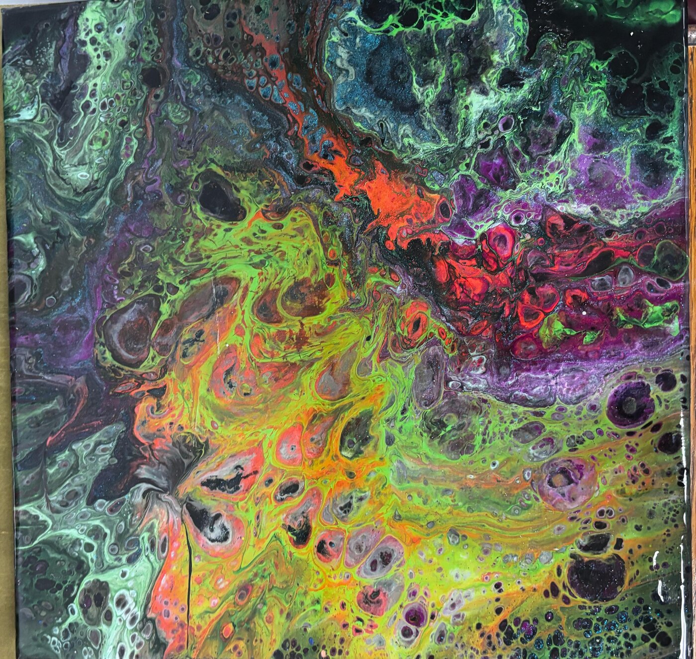 Neon green orange purple and black fluid abstract painting