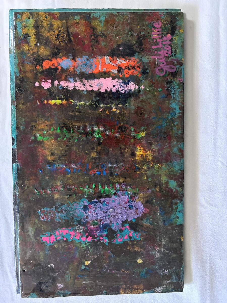 Abstract layered mixed-color painting with turquoise edges