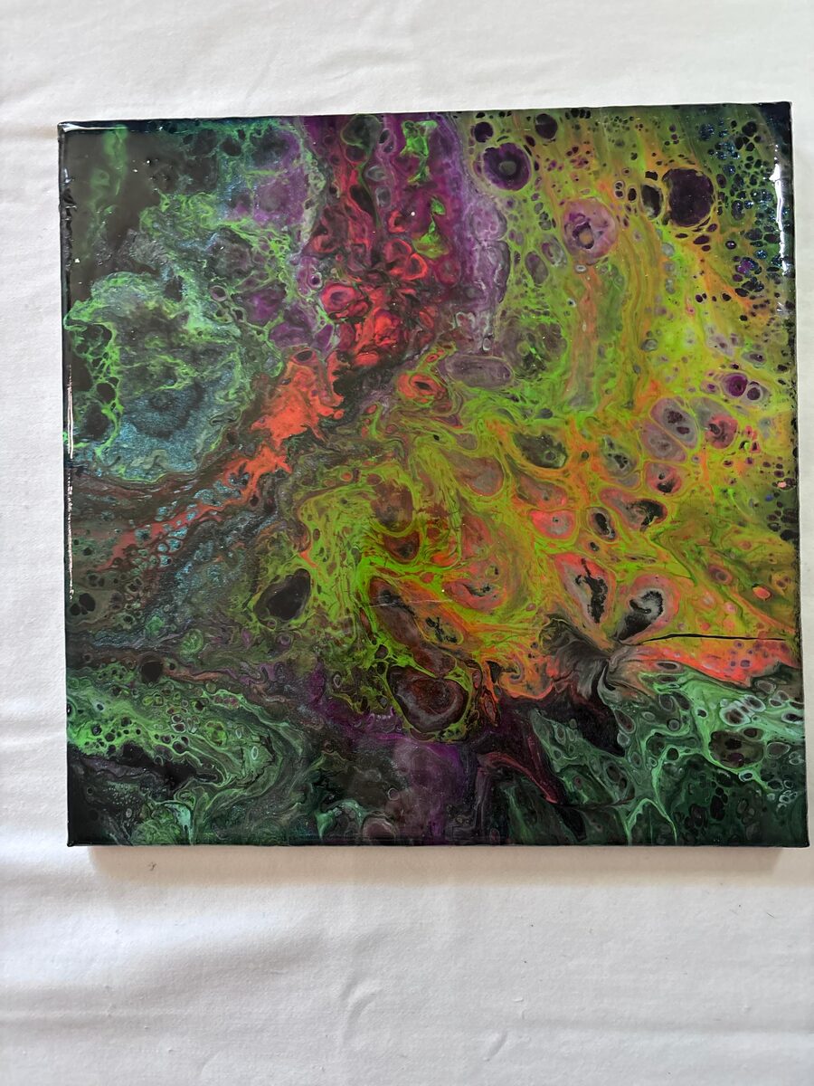 Bright abstract fluid painting with green, orange, purple, and black