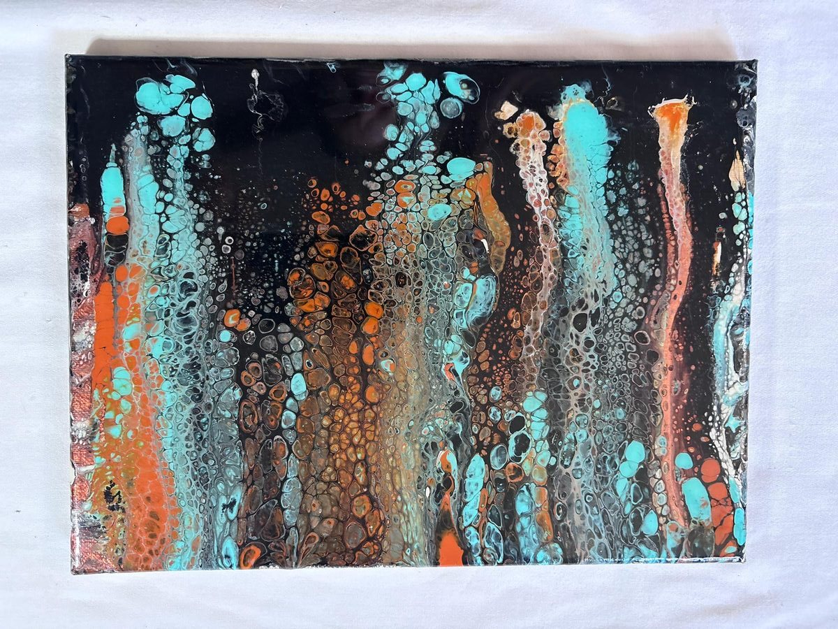 Landscape view of abstract painting with turquoise, orange, gray, and black flowing bands