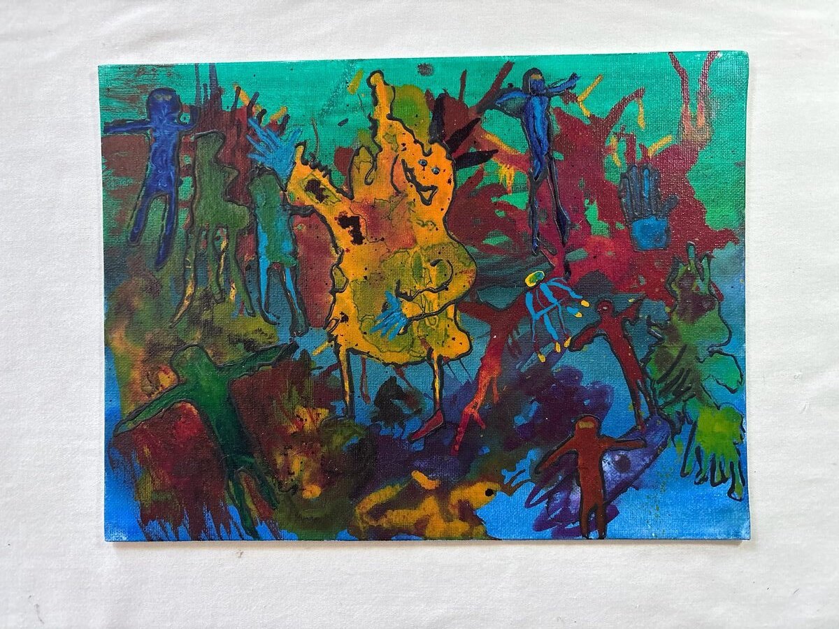 Landscape view of colorful abstract floral painting on blue and teal background