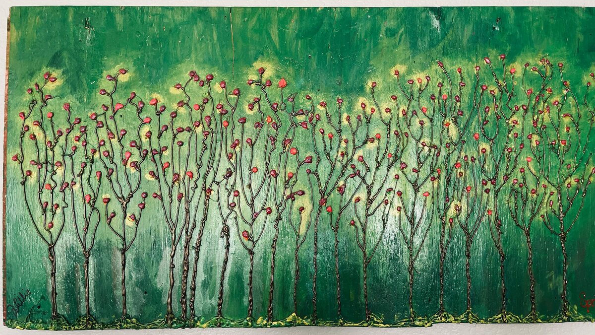 Spring hot glue painting with raised stems and red buds