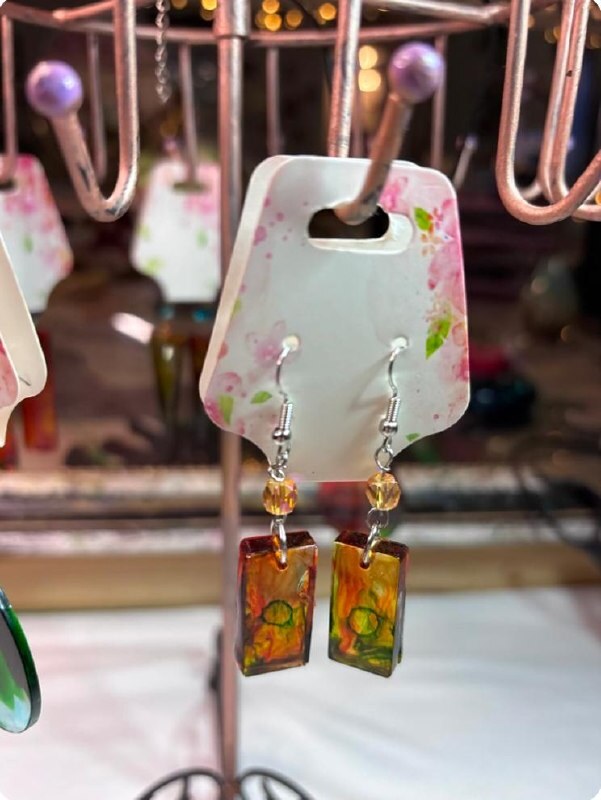 Amber green rectangular handmade resin earrings with gold bead accents