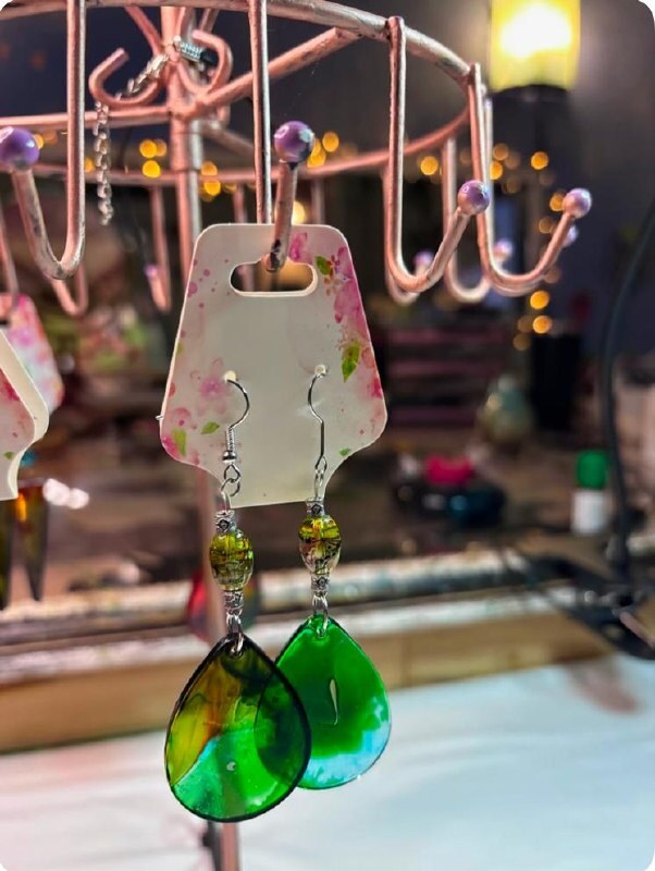 Green and amber teardrop handmade resin earrings with bead accents