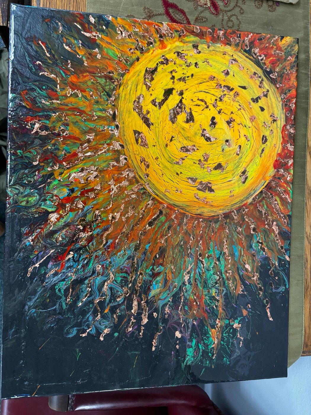 Yellow sun abstract painting with copper accents